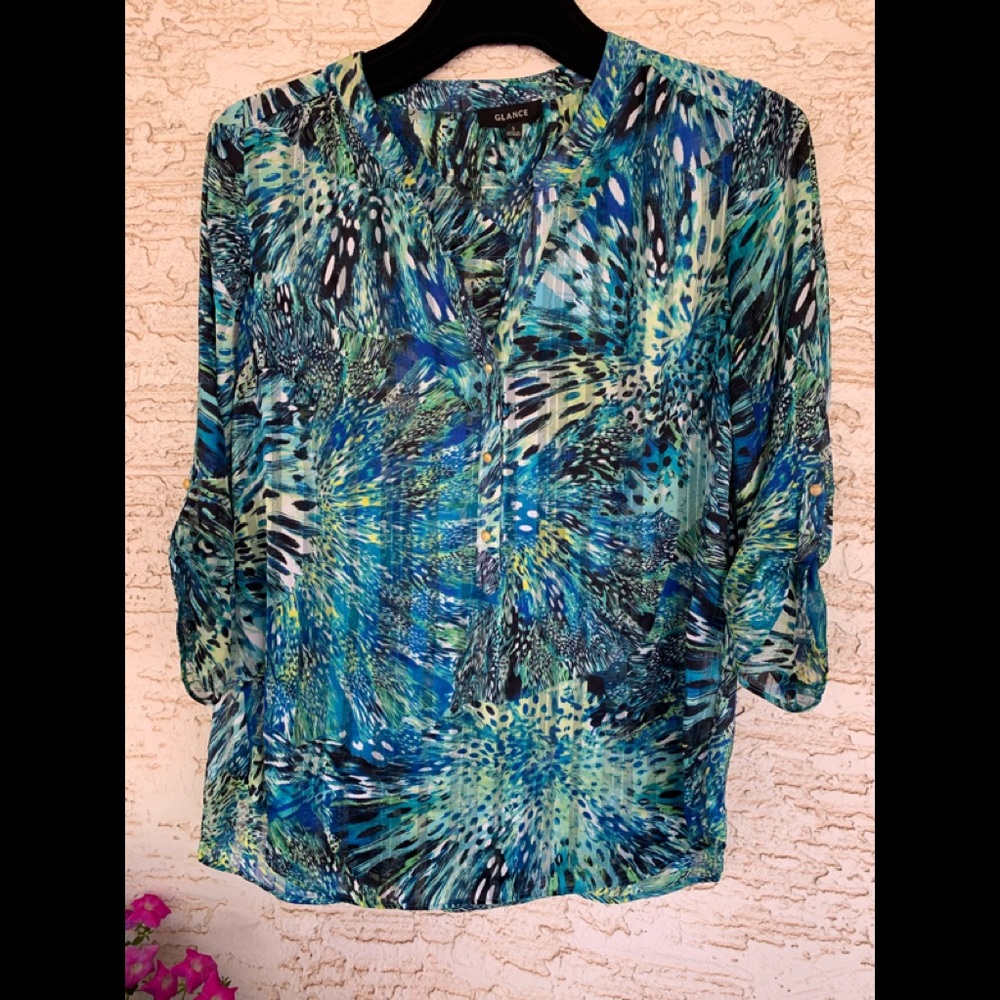 Glance Bl 3/4 Sl Button Detail Abstract Sheer Sz S